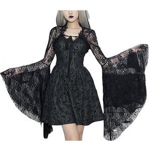 Women's Black 3 Goth Bell Long Sleeve Bolero Shrug Crop Top